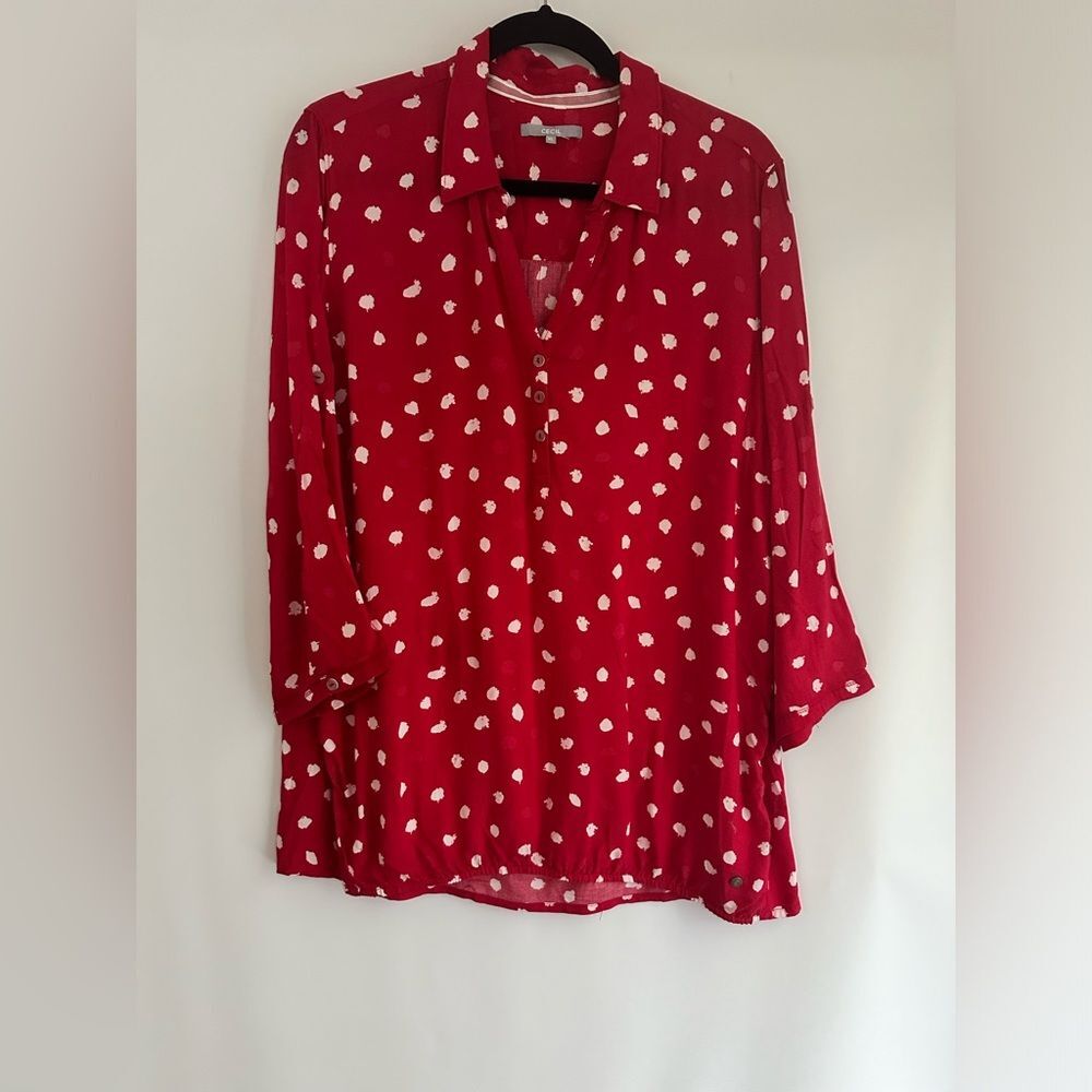 Red White Dots Blouse 5 Button V Neck XL Cecil
